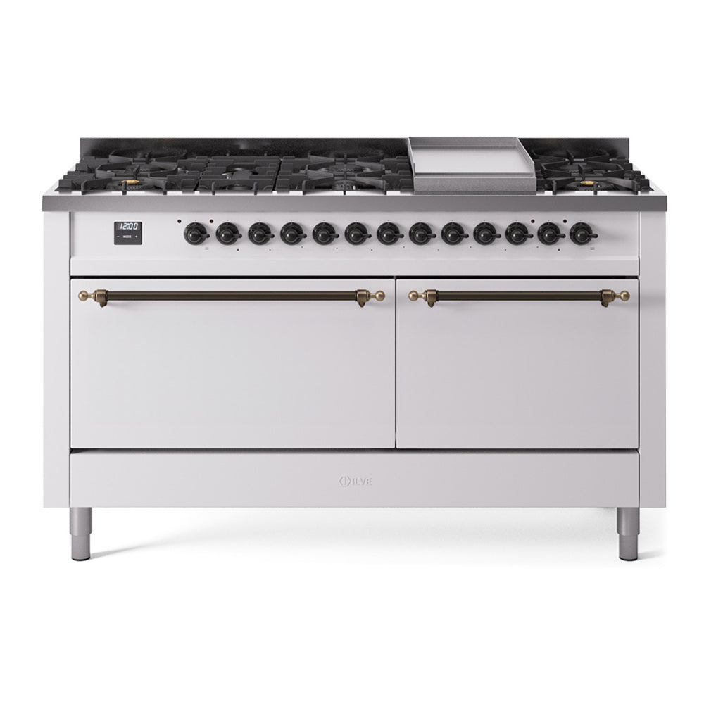 Ilve UP60FQNMPWHBLP Nostalgie Ii 60 Inch Dual Fuel Liquid Propane Freestanding Range In White With Bronze Trim