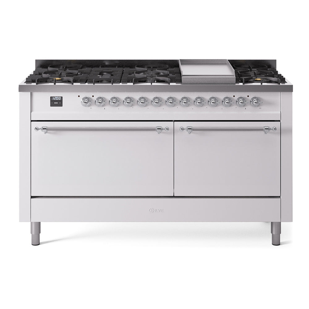 Ilve UP60FQNMPWHCLP Nostalgie Ii 60 Inch Dual Fuel Liquid Propane Freestanding Range In White With Chrome Trim