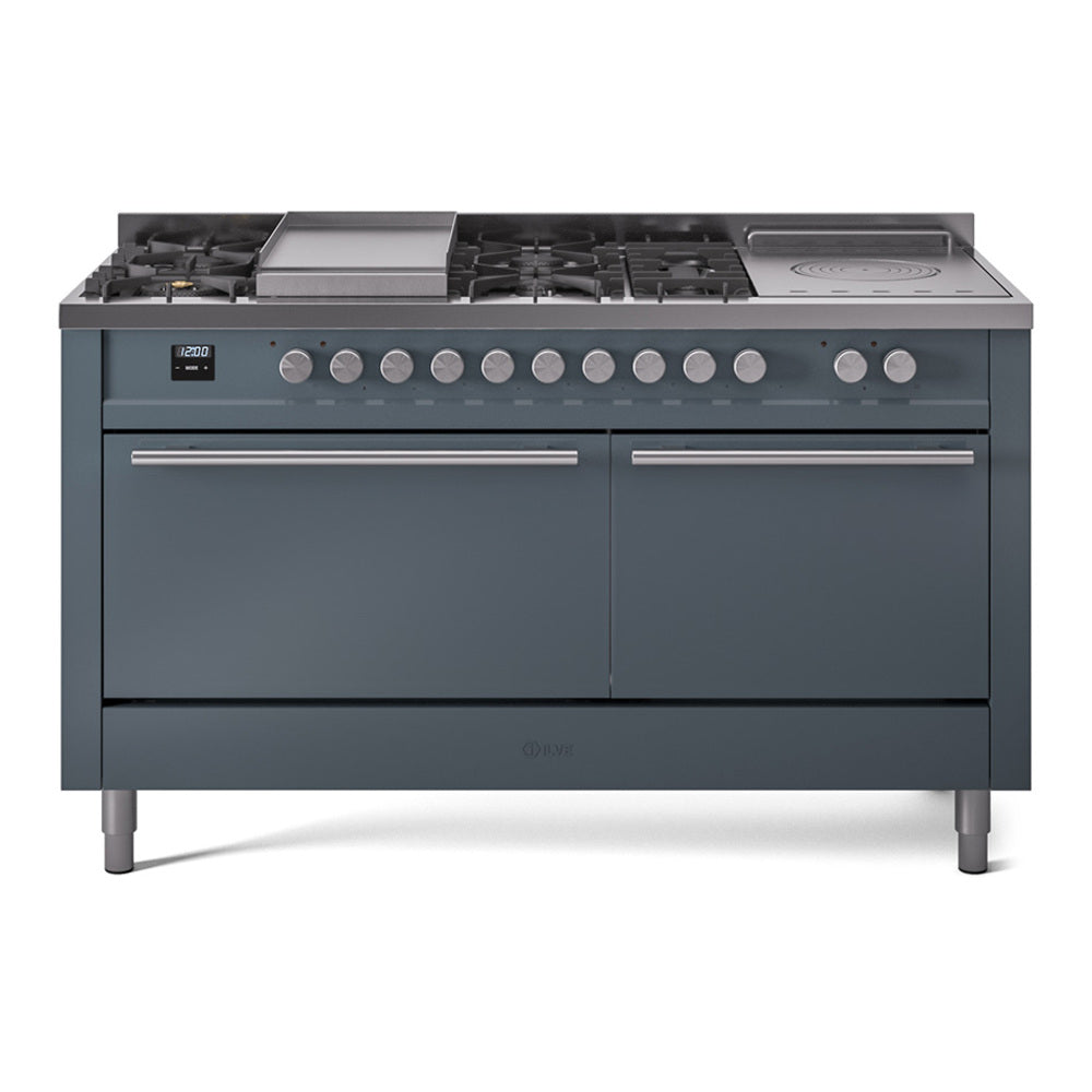 Ilve UP60FSQMPBGLP Professional Plus Ii 60 Inch Dual Fuel Liquid Propane Freestanding Range In Blue Grey With Trim