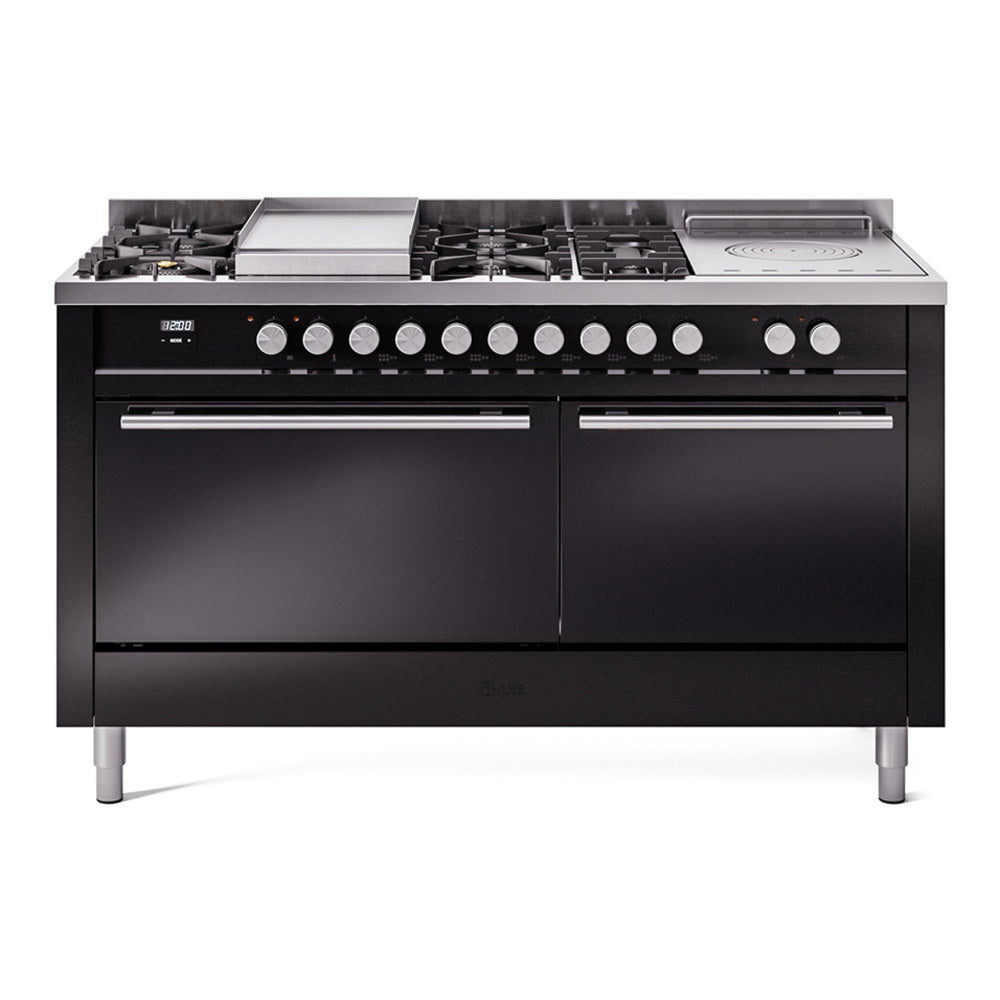 Ilve UP60FSQMPBK Professional Plus Ii 60 Inch Dual Fuel Natural Gas Freestanding Range In Black With Trim