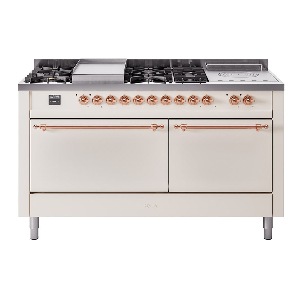 Ilve UP60FSQNMPAWPLP Nostalgie Ii 60 Inch Dual Fuel Liquid Propane Freestanding Range In Antique White With Copper Trim