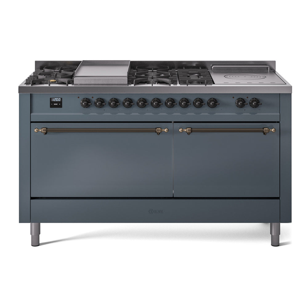 Ilve UP60FSQNMPBGBLP Nostalgie Ii 60 Inch Dual Fuel Liquid Propane Freestanding Range In Blue Grey With Bronze Trim