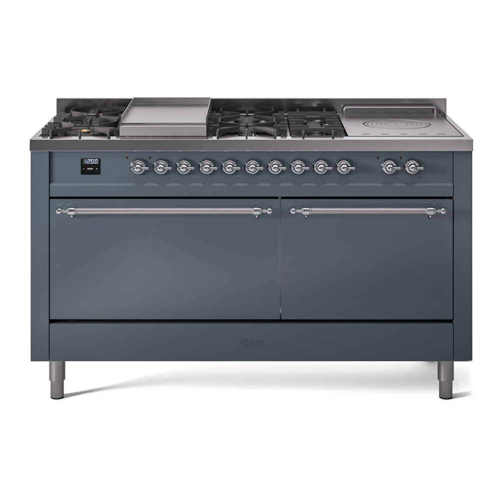 Ilve UP60FSQNMPBGC Nostalgie Ii 60 Inch Dual Fuel Natural Gas Freestanding Range In Blue Grey With Chrome Trim