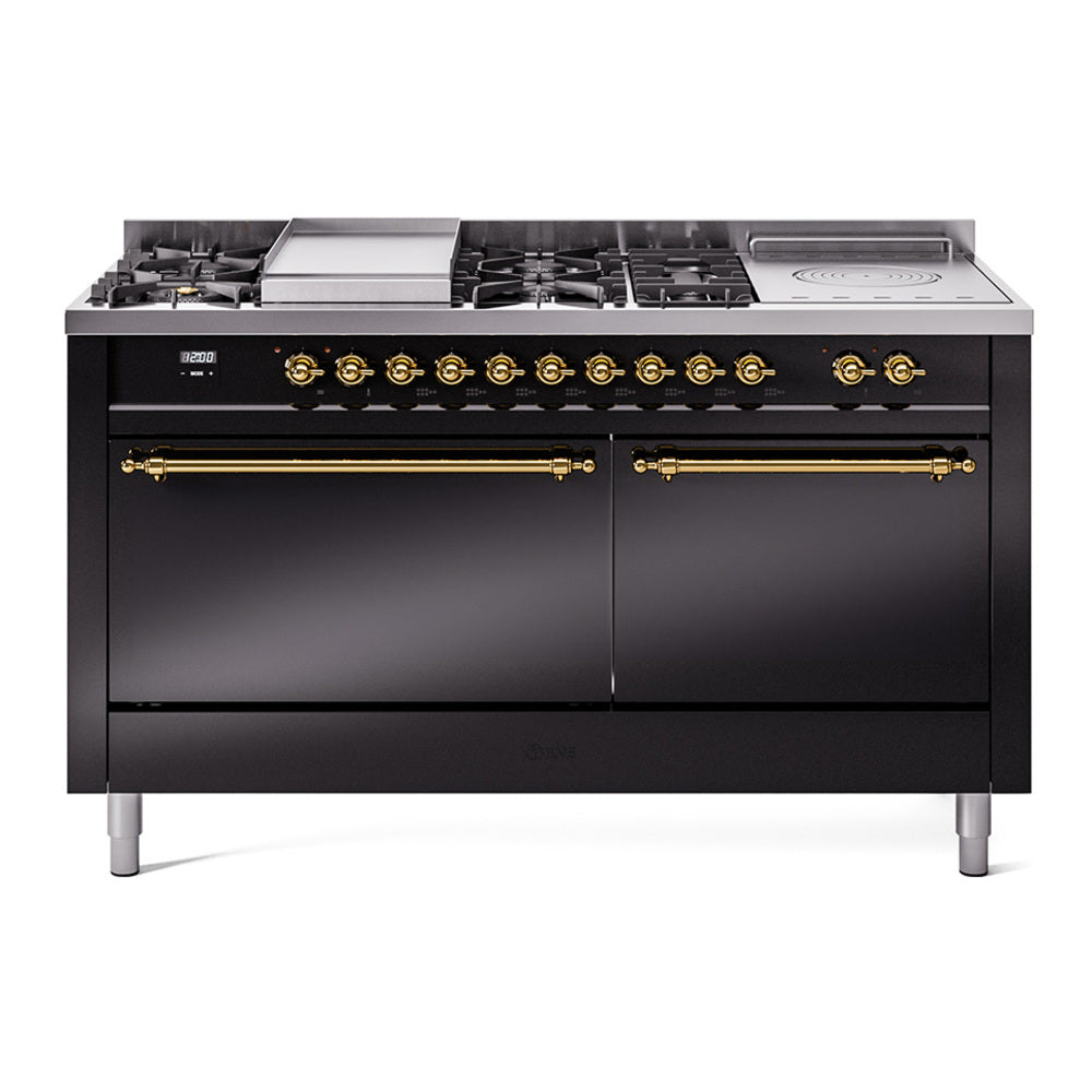 Ilve UP60FSQNMPBKG Nostalgie Ii 60 Inch Dual Fuel Natural Gas Freestanding Range In Glossy Black With Brass Trim