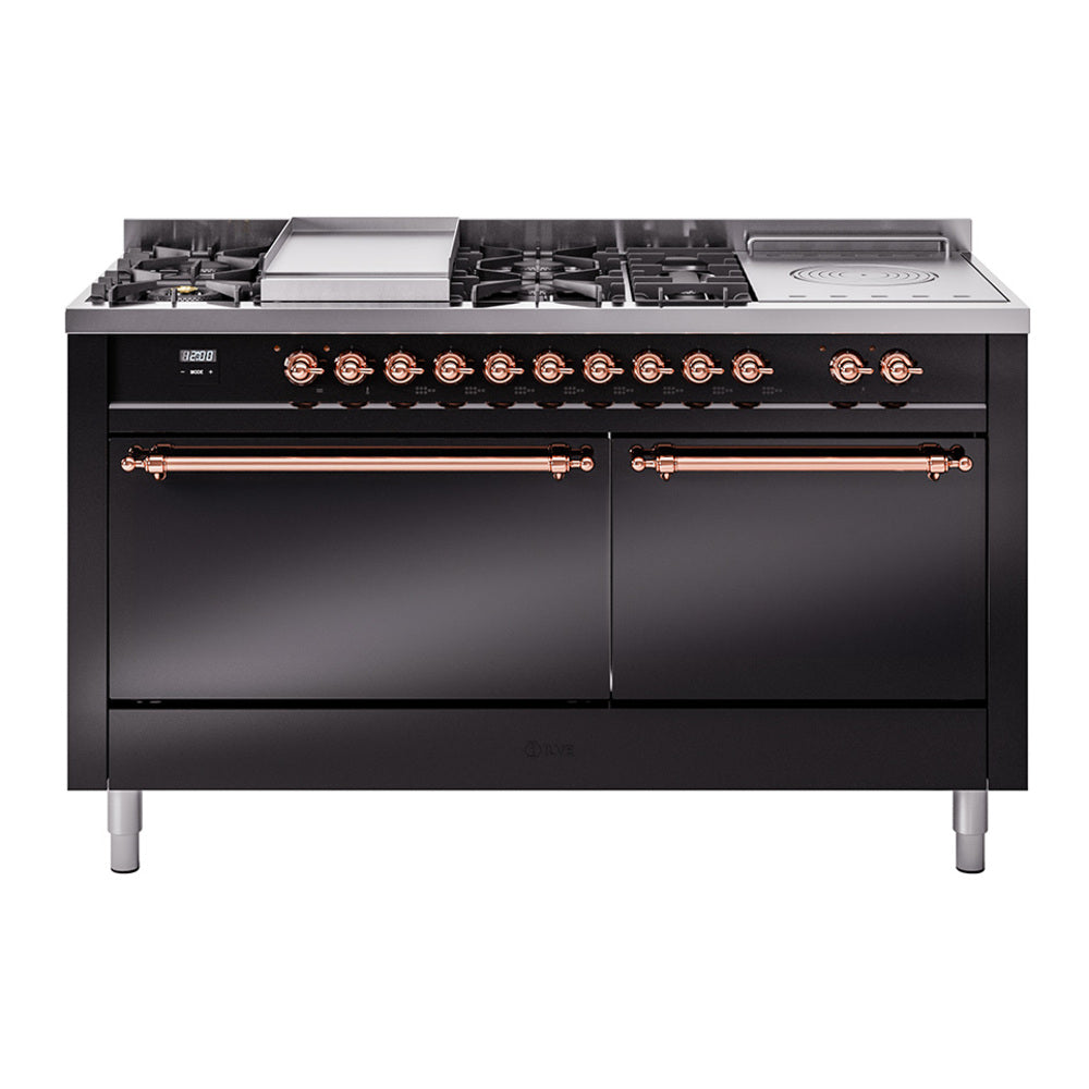 Ilve UP60FSQNMPBKP Nostalgie Ii 60 Inch Dual Fuel Natural Gas Freestanding Range In Glossy Black With Copper Trim