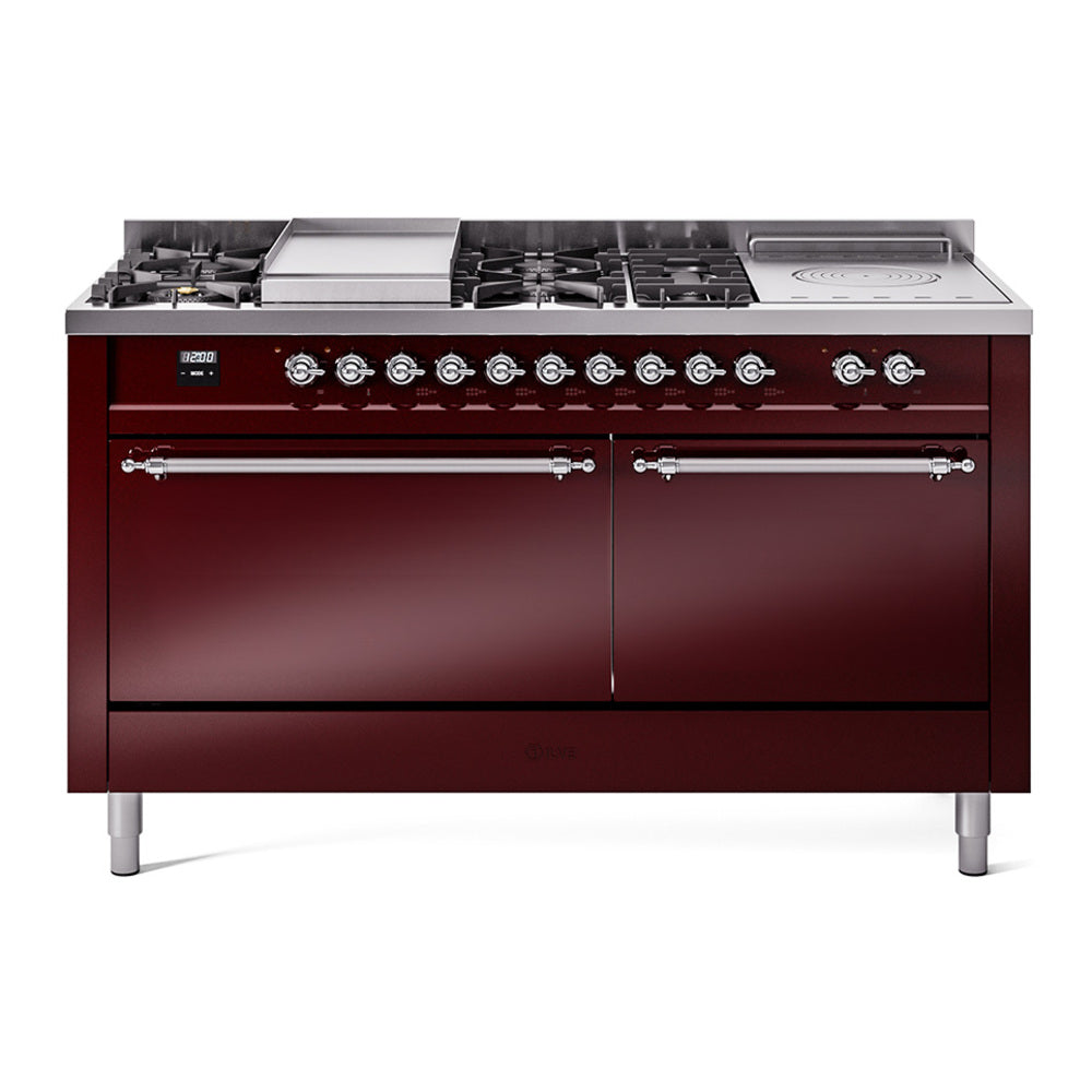 Ilve UP60FSQNMPBUC Nostalgie Ii 60 Inch Dual Fuel Natural Gas Freestanding Range In Burgundy With Chrome Trim