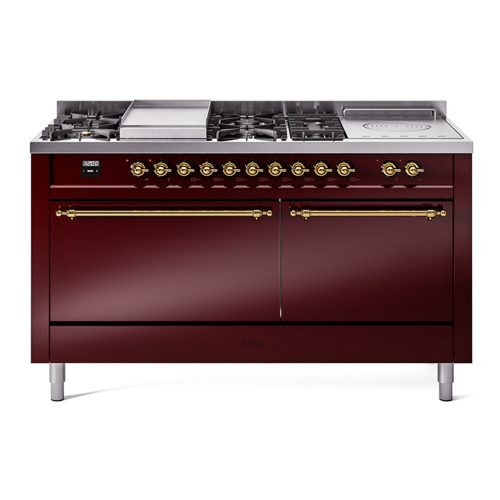 Ilve UP60FSQNMPBUG Nostalgie Ii 60 Inch Dual Fuel Natural Gas Freestanding Range In Burgundy With Brass Trim