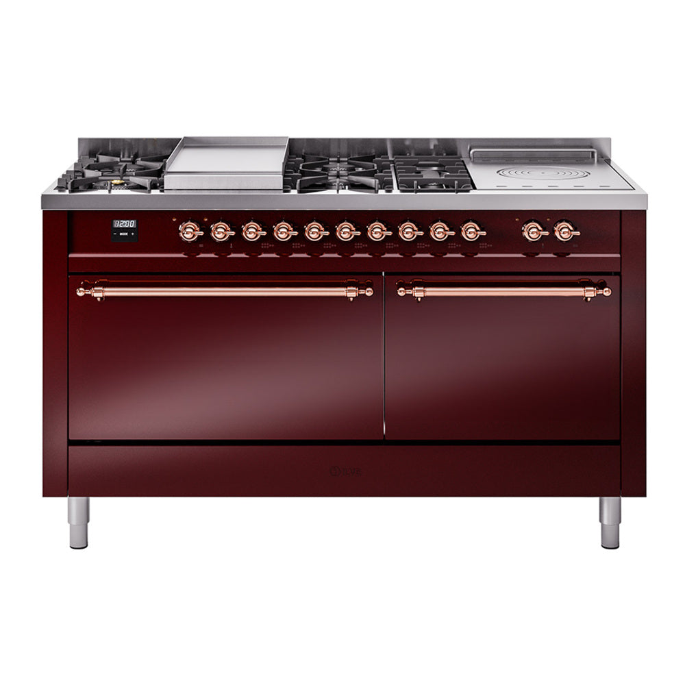 Ilve UP60FSQNMPBUP Nostalgie Ii 60 Inch Dual Fuel Natural Gas Freestanding Range In Burgundy With Copper Trim