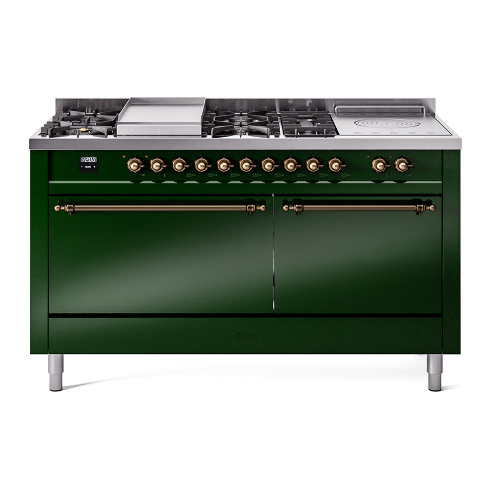 Ilve UP60FSQNMPEGB Nostalgie Ii 60 Inch Dual Fuel Natural Gas Freestanding Range In Emerald Green With Bronze Trim