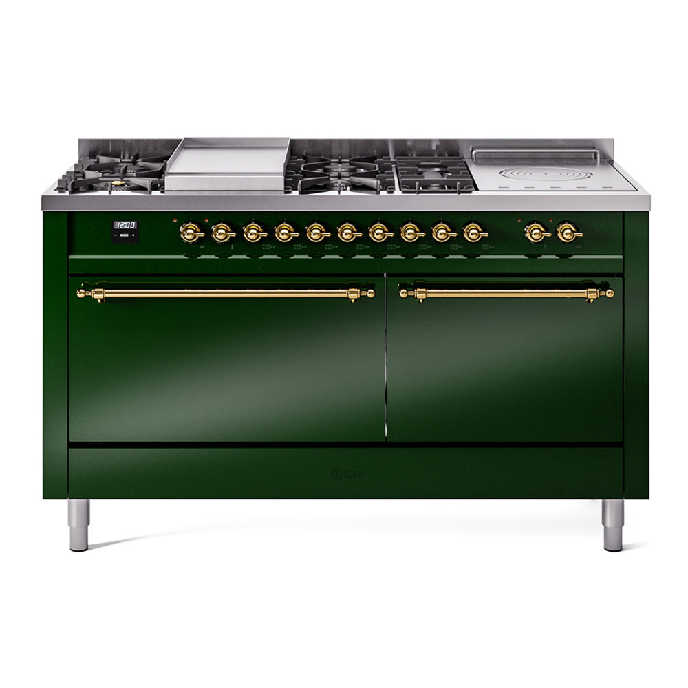 Ilve UP60FSQNMPEGGLP Nostalgie Ii 60 Inch Dual Fuel Liquid Propane Freestanding Range In Emerald Green With Brass Trim