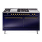 Ilve UP60FSQNMPMBGLP Nostalgie Ii 60 Inch Dual Fuel Liquid Propane Freestanding Range In Blue With Brass Trim