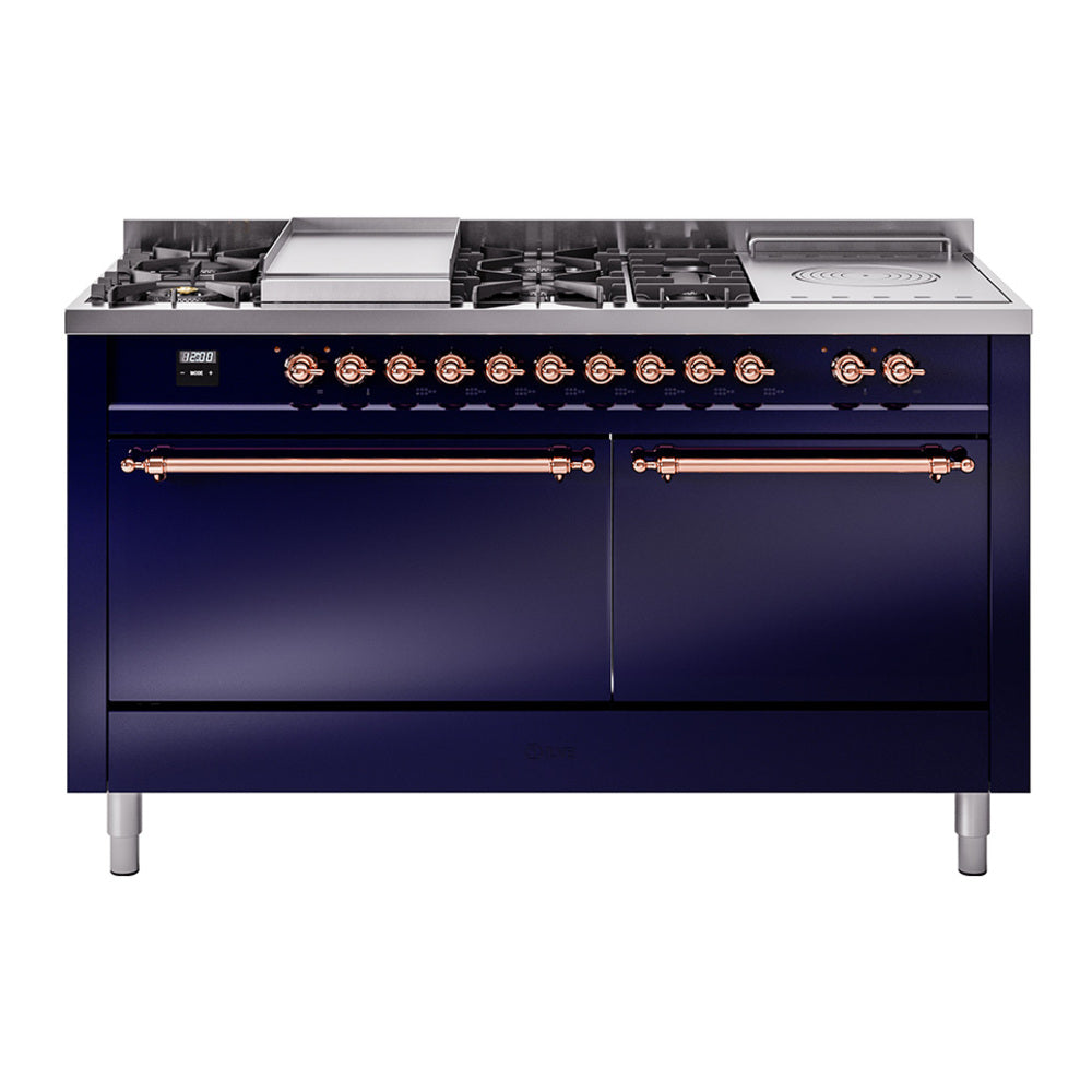 Ilve UP60FSQNMPMBPLP Nostalgie Ii 60 Inch Dual Fuel Liquid Propane Freestanding Range In Blue With Copper Trim