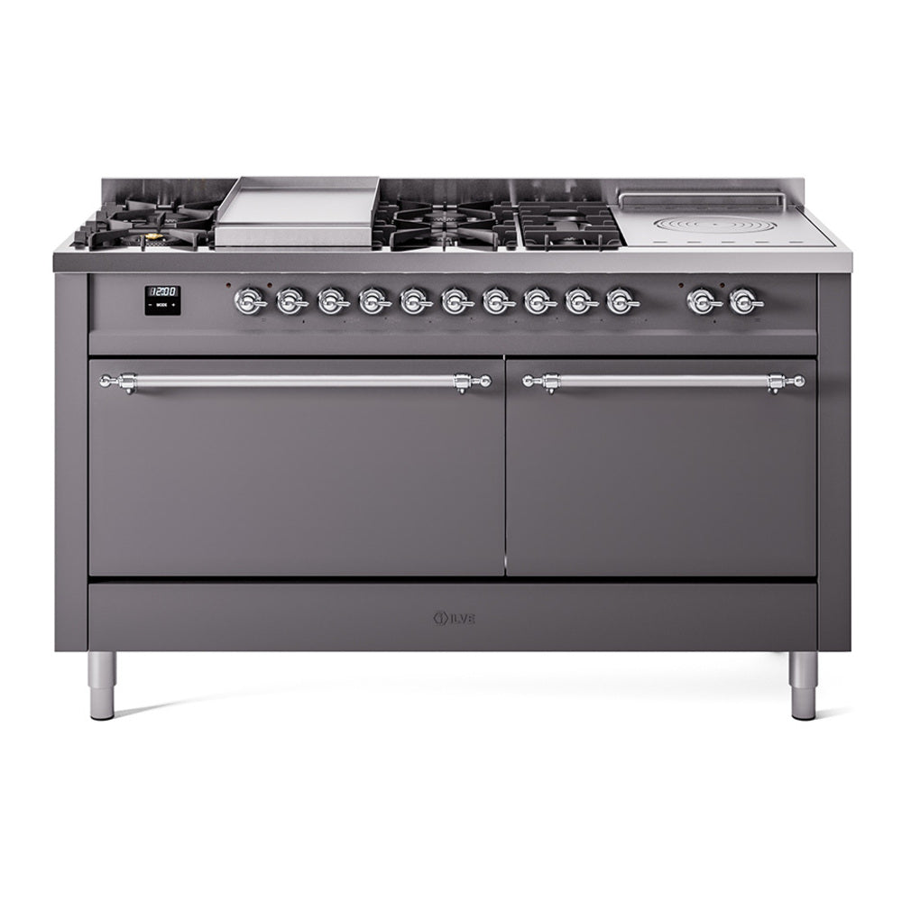 Ilve UP60FSQNMPMGC Nostalgie Ii 60 Inch Dual Fuel Natural Gas Freestanding Range In Matte Graphite With Chrome Trim