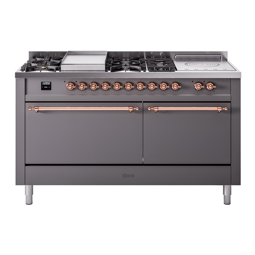 Ilve UP60FSQNMPMGP Nostalgie Ii 60 Inch Dual Fuel Natural Gas Freestanding Range In Matte Graphite With Copper Trim