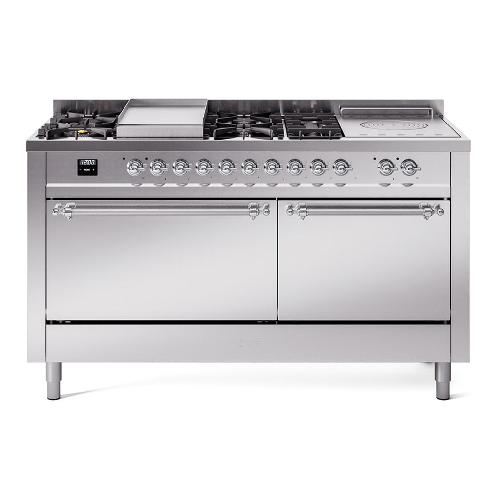 Ilve UP60FSQNMPSSCLP Nostalgie Ii 60 Inch Dual Fuel Liquid Propane Freestanding Range In Stainless Steel With Chrome Trim