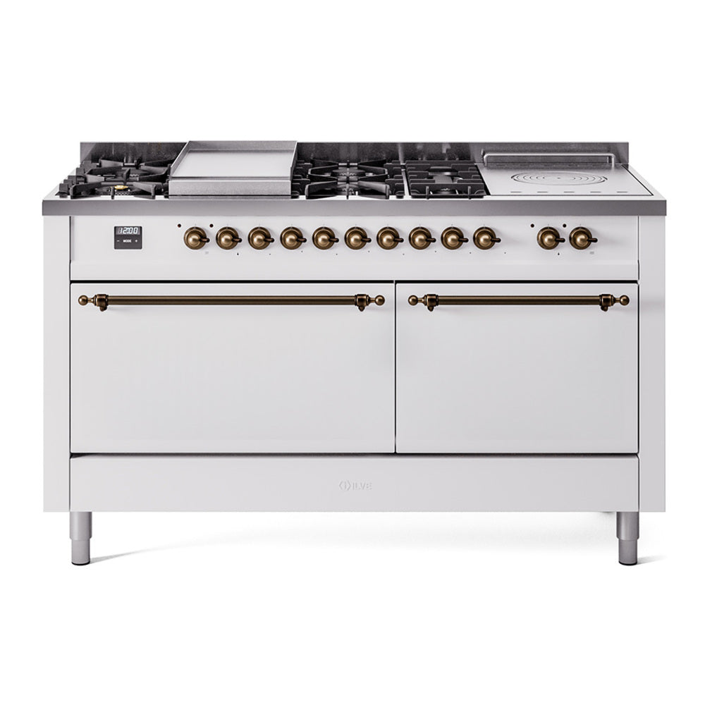 Ilve UP60FSQNMPWHB Nostalgie Ii 60 Inch Dual Fuel Natural Gas Freestanding Range In White With Bronze Trim