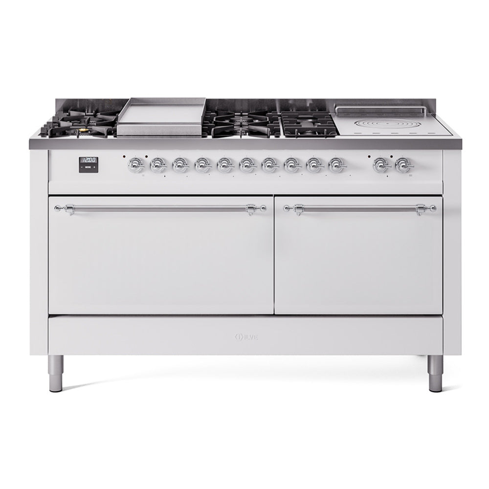 Ilve UP60FSQNMPWHC Nostalgie Ii 60 Inch Dual Fuel Natural Gas Freestanding Range In White With Chrome Trim