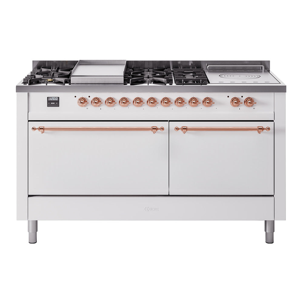 Ilve UP60FSQNMPWHPLP Nostalgie Ii 60 Inch Dual Fuel Liquid Propane Freestanding Range In White With Copper Trim