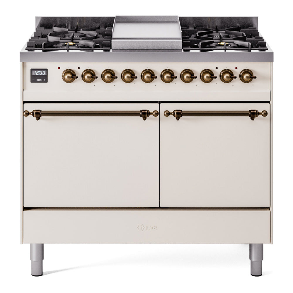 Ilve UPD40FQNMPAWBLP Nostalgie Ii 40 Inch Dual Fuel Liquid Propane Freestanding Range In Antique White With Bronze Trim