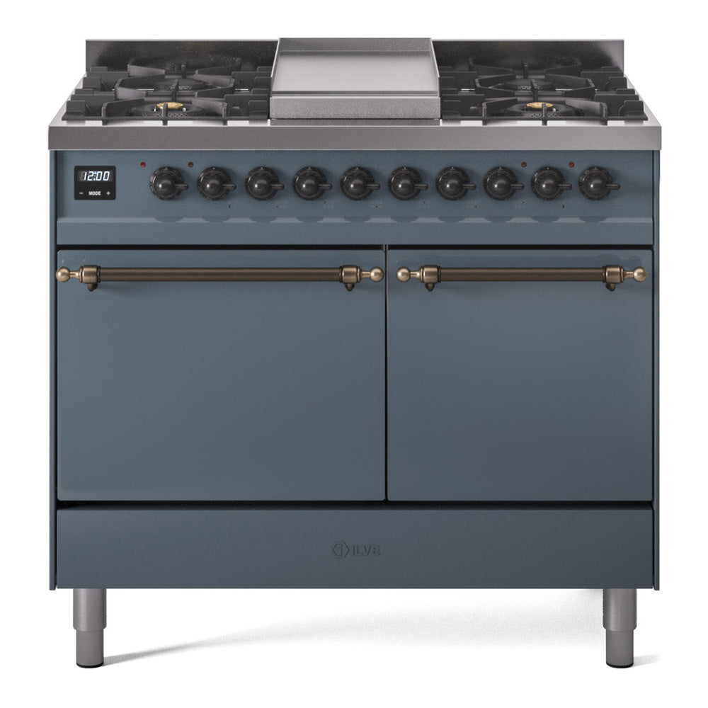 Ilve UPD40FQNMPBGB Nostalgie Ii 40 Inch Dual Fuel Natural Gas Freestanding Range In Blue Grey With Bronze Trim