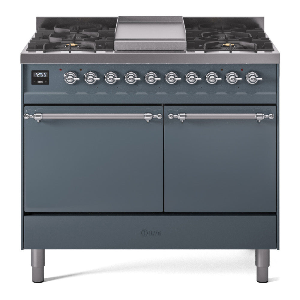 Ilve UPD40FQNMPBGCLP Nostalgie Ii 40 Inch Dual Fuel Liquid Propane Freestanding Range In Blue Grey With Chrome Trim