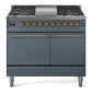 Ilve UPD40FQNMPBGGLP Nostalgie Ii 40 Inch Dual Fuel Liquid Propane Freestanding Range In Blue Grey With Brass Trim