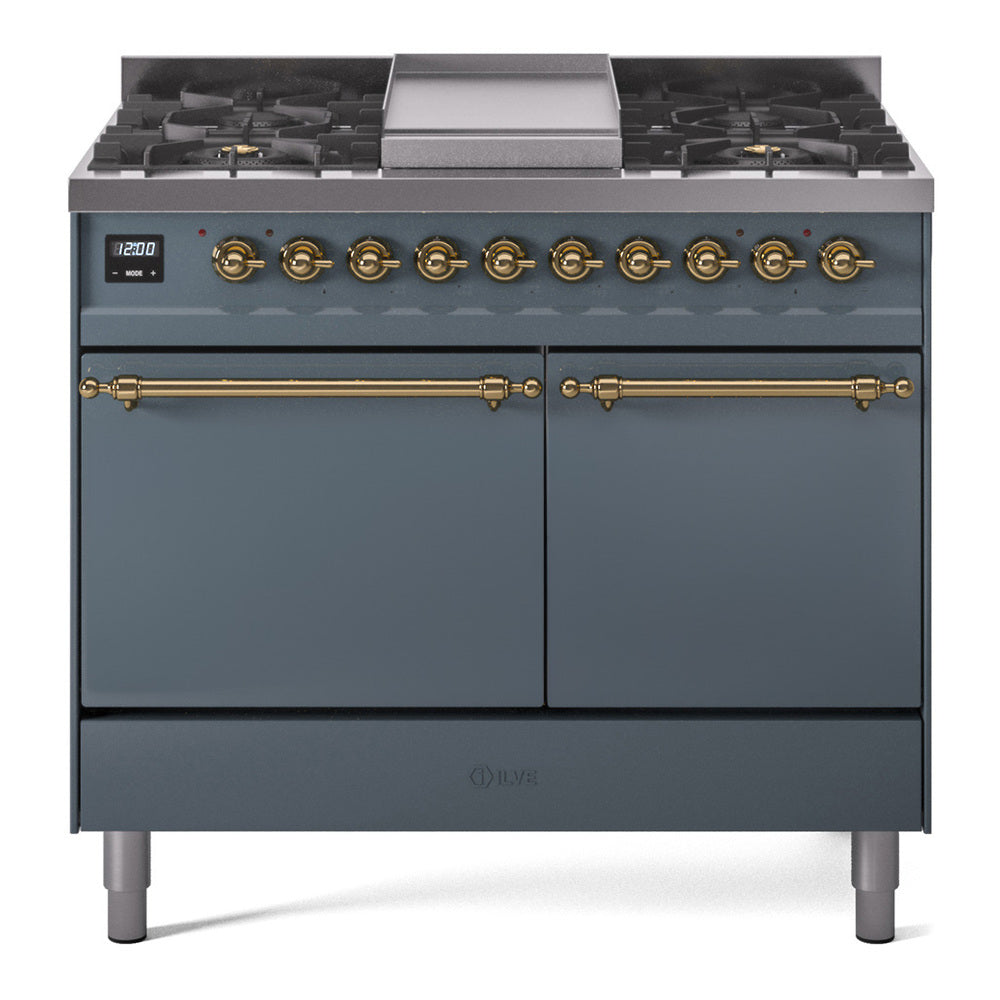 Ilve UPD40FQNMPBGGLP Nostalgie Ii 40 Inch Dual Fuel Liquid Propane Freestanding Range In Blue Grey With Brass Trim