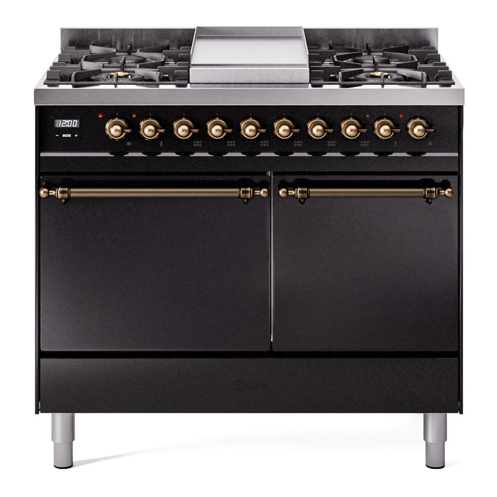 Ilve UPD40FQNMPBKBLP Nostalgie Ii 40 Inch Dual Fuel Liquid Propane Freestanding Range In Glossy Black With Bronze Trim