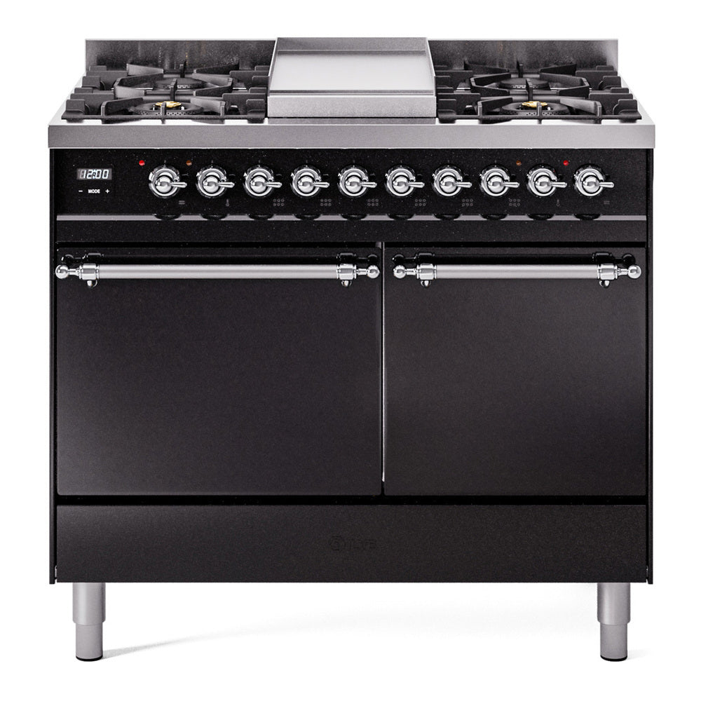 Ilve UPD40FQNMPBKC Nostalgie Ii 40 Inch Dual Fuel Natural Gas Freestanding Range In Glossy Black With Chrome Trim