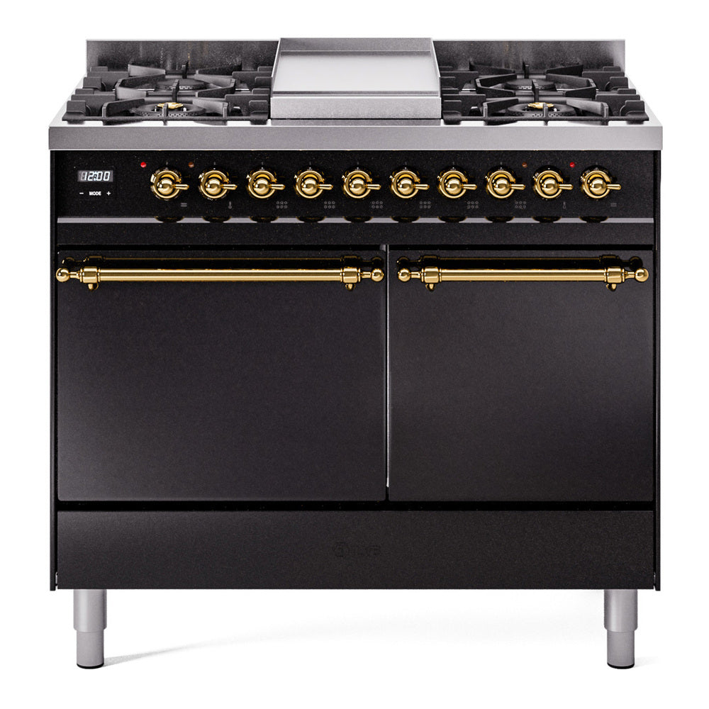 Ilve UPD40FQNMPBKG Nostalgie Ii 40 Inch Dual Fuel Natural Gas Freestanding Range In Glossy Black With Brass Trim