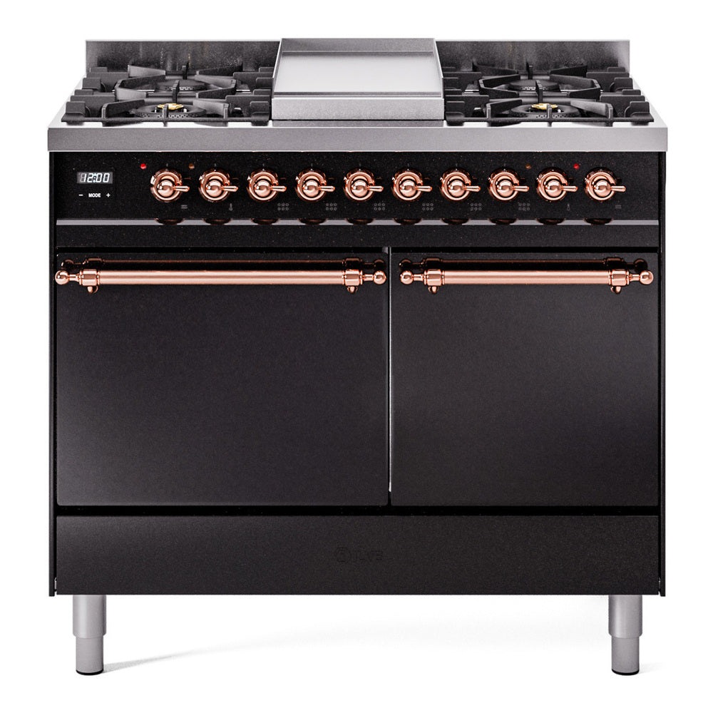 Ilve UPD40FQNMPBKP Nostalgie Ii 40 Inch Dual Fuel Natural Gas Freestanding Range In Glossy Black With Copper Trim