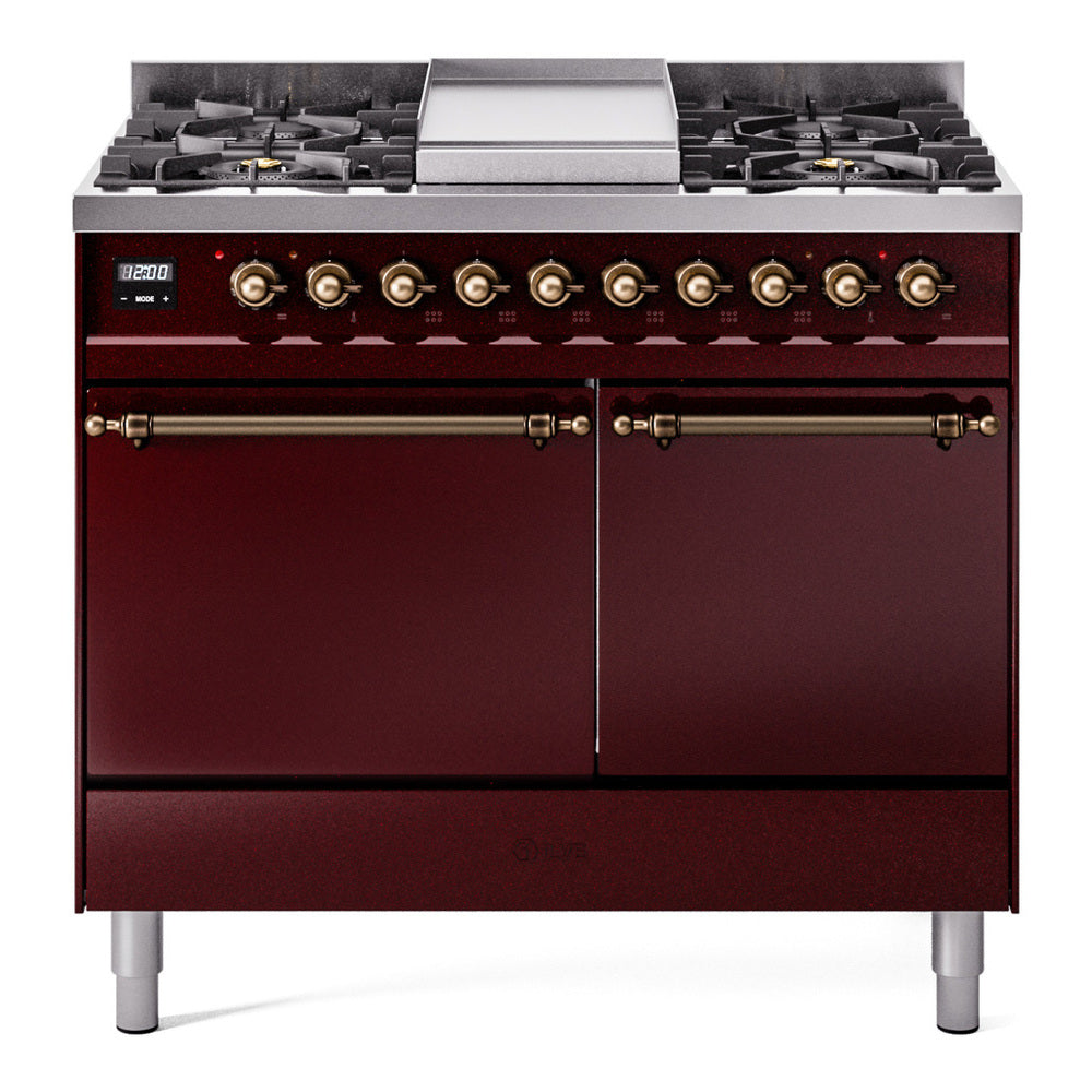 Ilve UPD40FQNMPBUBLP Nostalgie Ii 40 Inch Dual Fuel Liquid Propane Freestanding Range In Burgundy With Bronze Trim