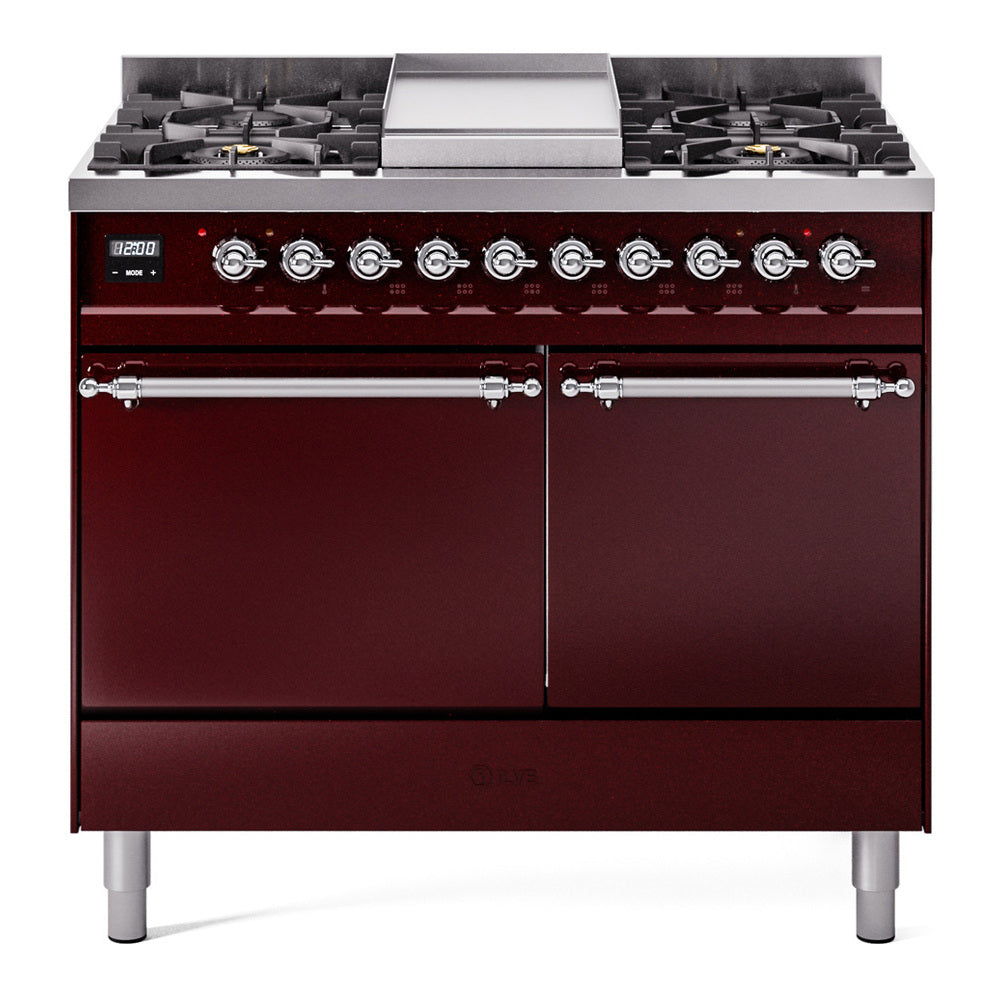 Ilve UPD40FQNMPBUC Nostalgie Ii 40 Inch Dual Fuel Natural Gas Freestanding Range In Burgundy With Chrome Trim