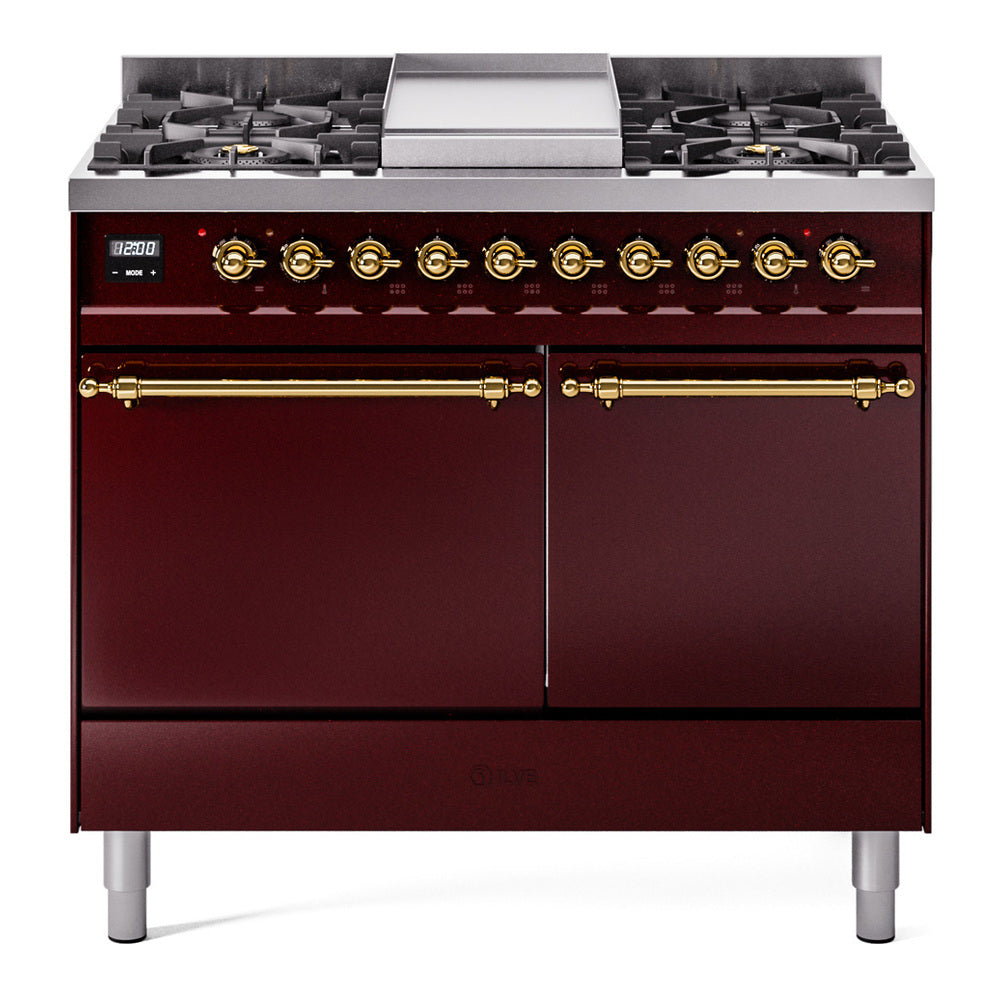 Ilve UPD40FQNMPBUGLP Nostalgie Ii 40 Inch Dual Fuel Liquid Propane Freestanding Range In Burgundy With Brass Trim