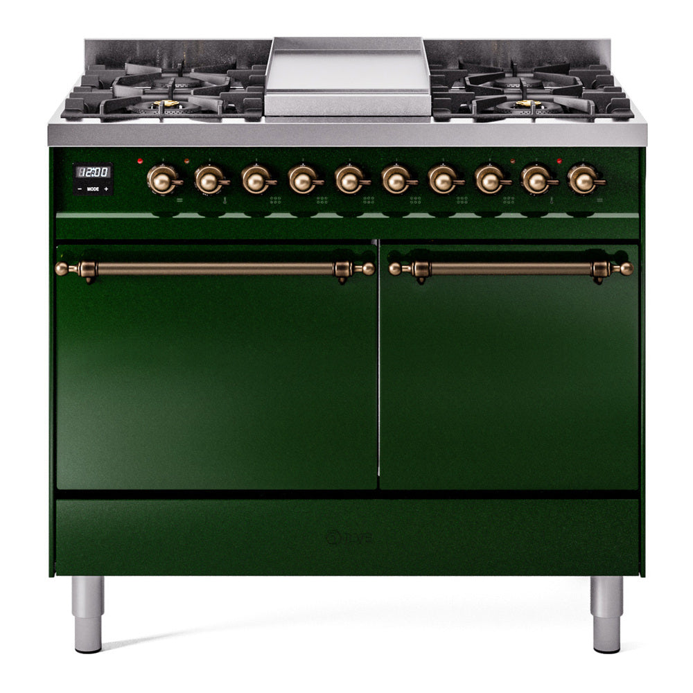 Ilve UPD40FQNMPEGB Nostalgie Ii 40 Inch Dual Fuel Natural Gas Freestanding Range In Emerald Green With Bronze Trim