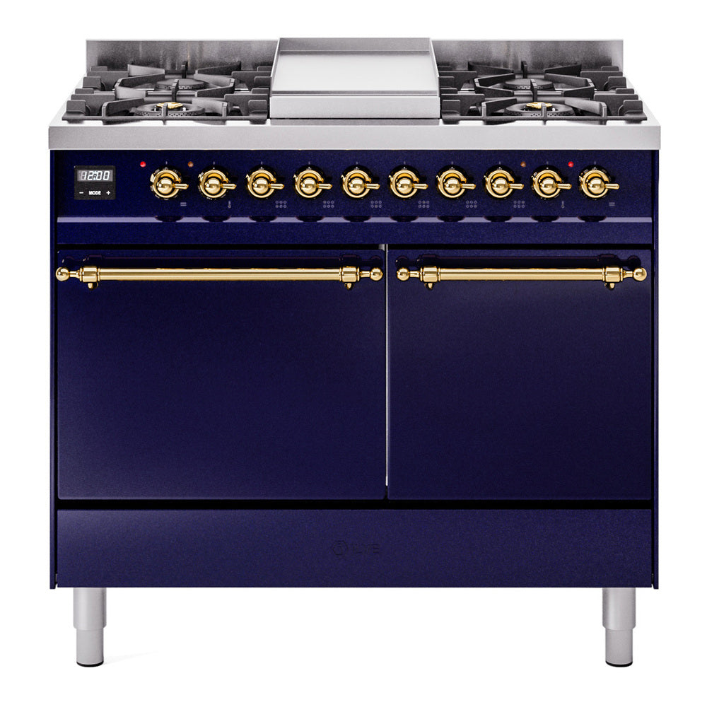 Ilve UPD40FQNMPMBGLP Nostalgie Ii 40 Inch Dual Fuel Liquid Propane Freestanding Range In Blue With Brass Trim