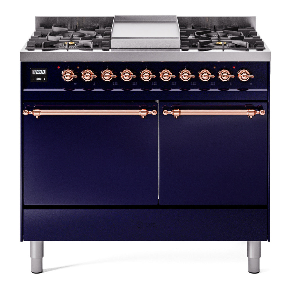 Ilve UPD40FQNMPMBP Nostalgie Ii 40 Inch Dual Fuel Natural Gas Freestanding Range In Blue With Copper Trim