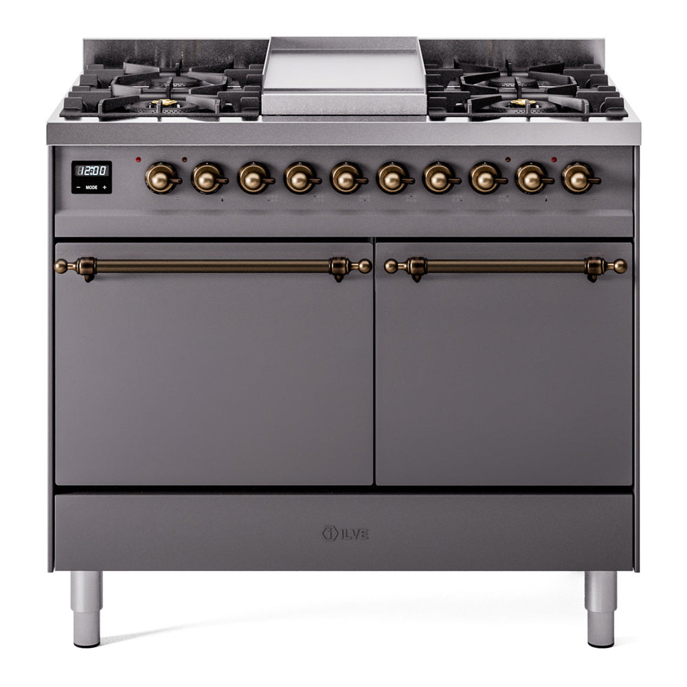 Ilve UPD40FQNMPMGB Nostalgie Ii 40 Inch Dual Fuel Natural Gas Freestanding Range In Matte Graphite With Bronze Trim