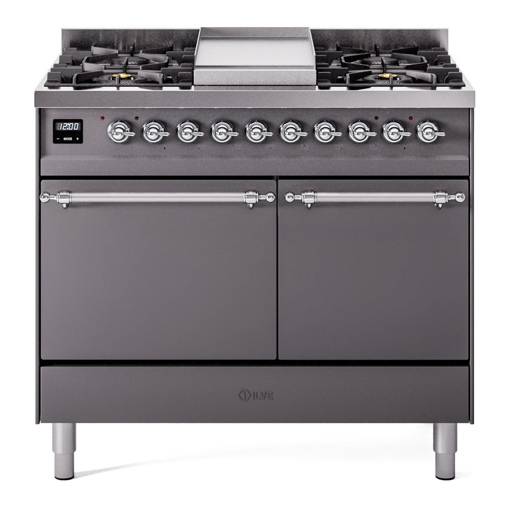 Ilve UPD40FQNMPMGCLP Nostalgie Ii 40 Inch Dual Fuel Liquid Propane Freestanding Range In Matte Graphite With Chrome Trim