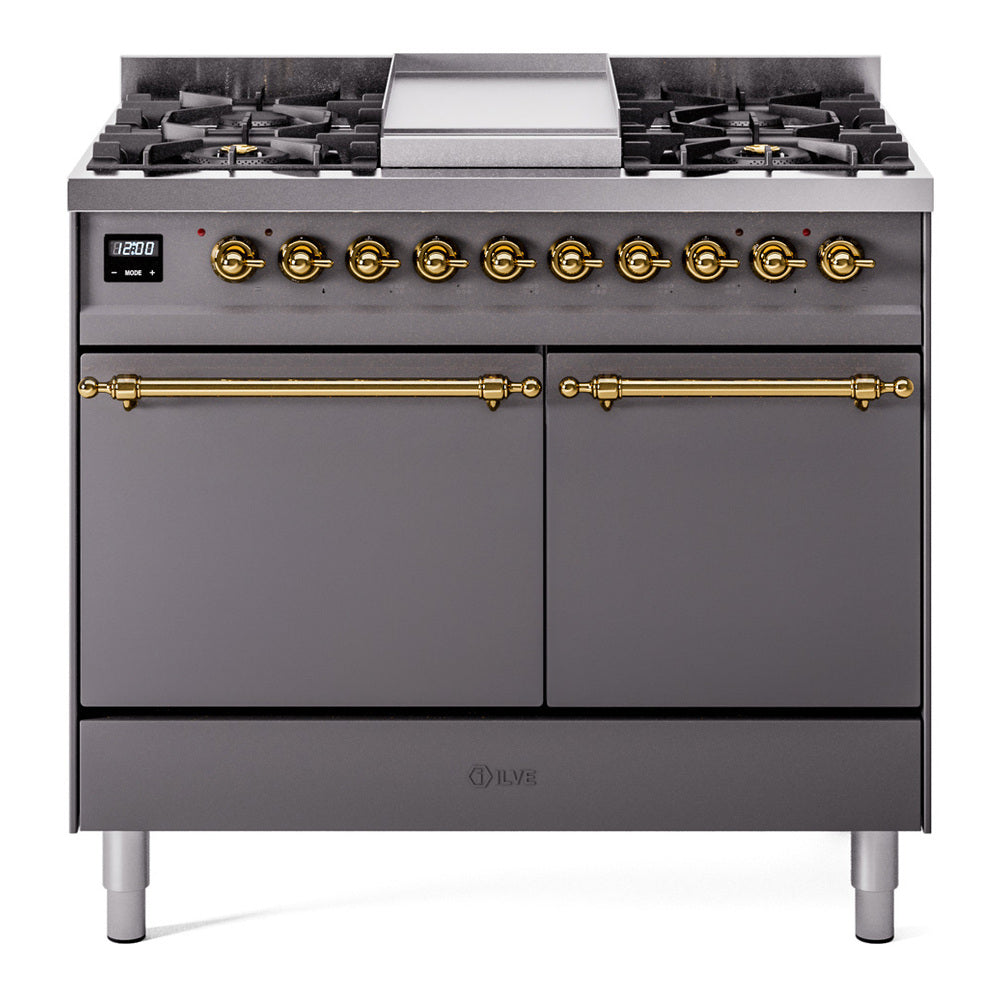 Ilve UPD40FQNMPMGGLP Nostalgie Ii 40 Inch Dual Fuel Liquid Propane Freestanding Range In Matte Graphite With Brass Trim