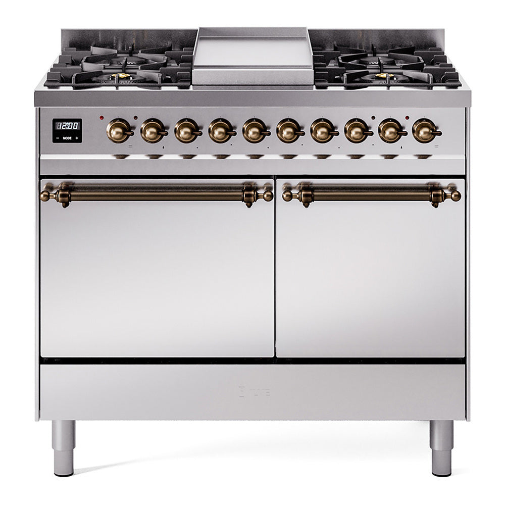 Ilve UPD40FQNMPSSB Nostalgie Ii 40 Inch Dual Fuel Natural Gas Freestanding Range In Stainless Steel With Bronze Trim