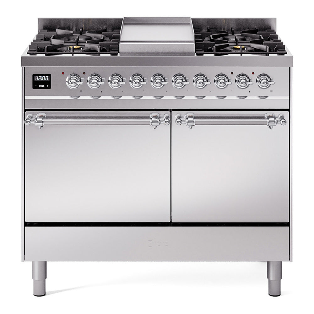 Ilve UPD40FQNMPSSCLP Nostalgie Ii 40 Inch Dual Fuel Liquid Propane Freestanding Range In Stainless Steel With Chrome Trim