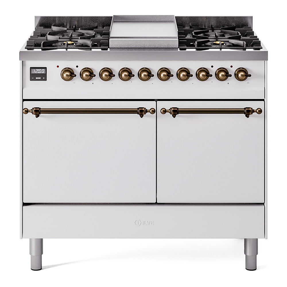 Ilve UPD40FQNMPWHBLP Nostalgie Ii 40 Inch Dual Fuel Liquid Propane Freestanding Range In White With Bronze Trim