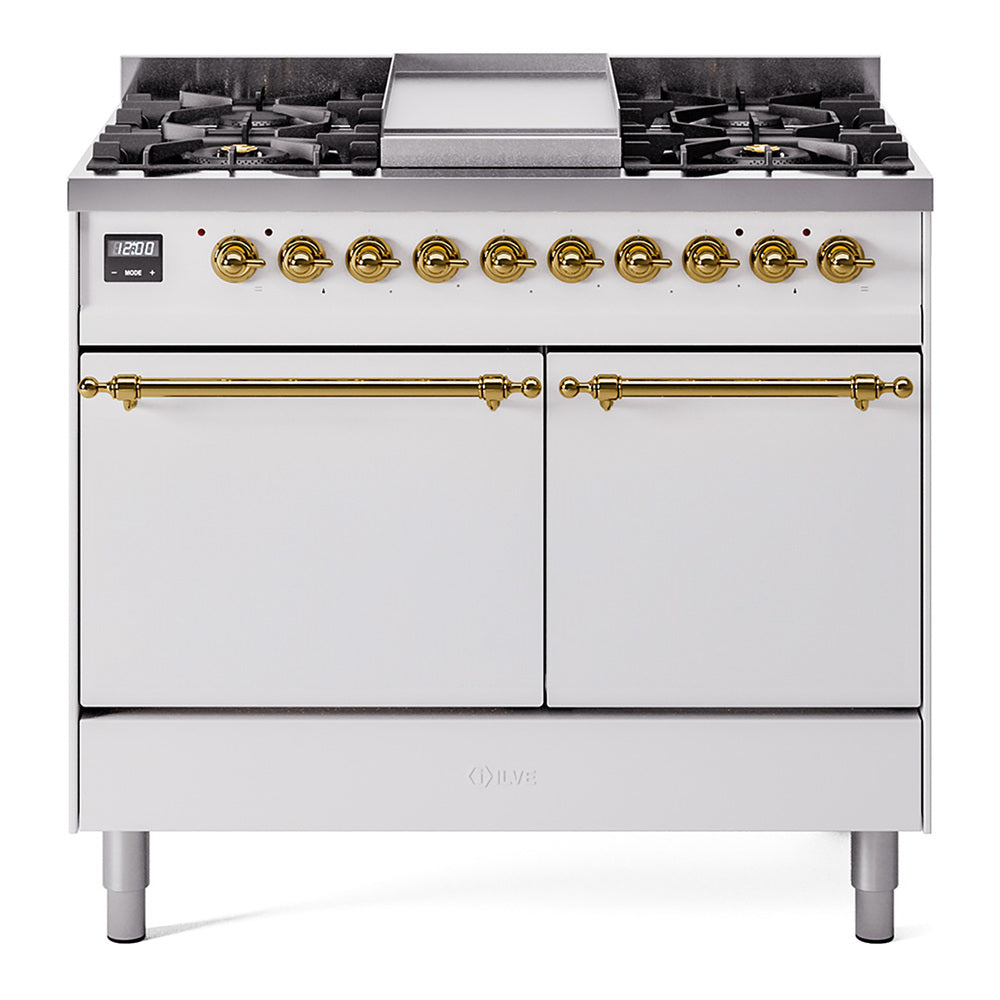 Ilve UPD40FQNMPWHG Nostalgie Ii 40 Inch Dual Fuel Natural Gas Freestanding Range In White With Brass Trim