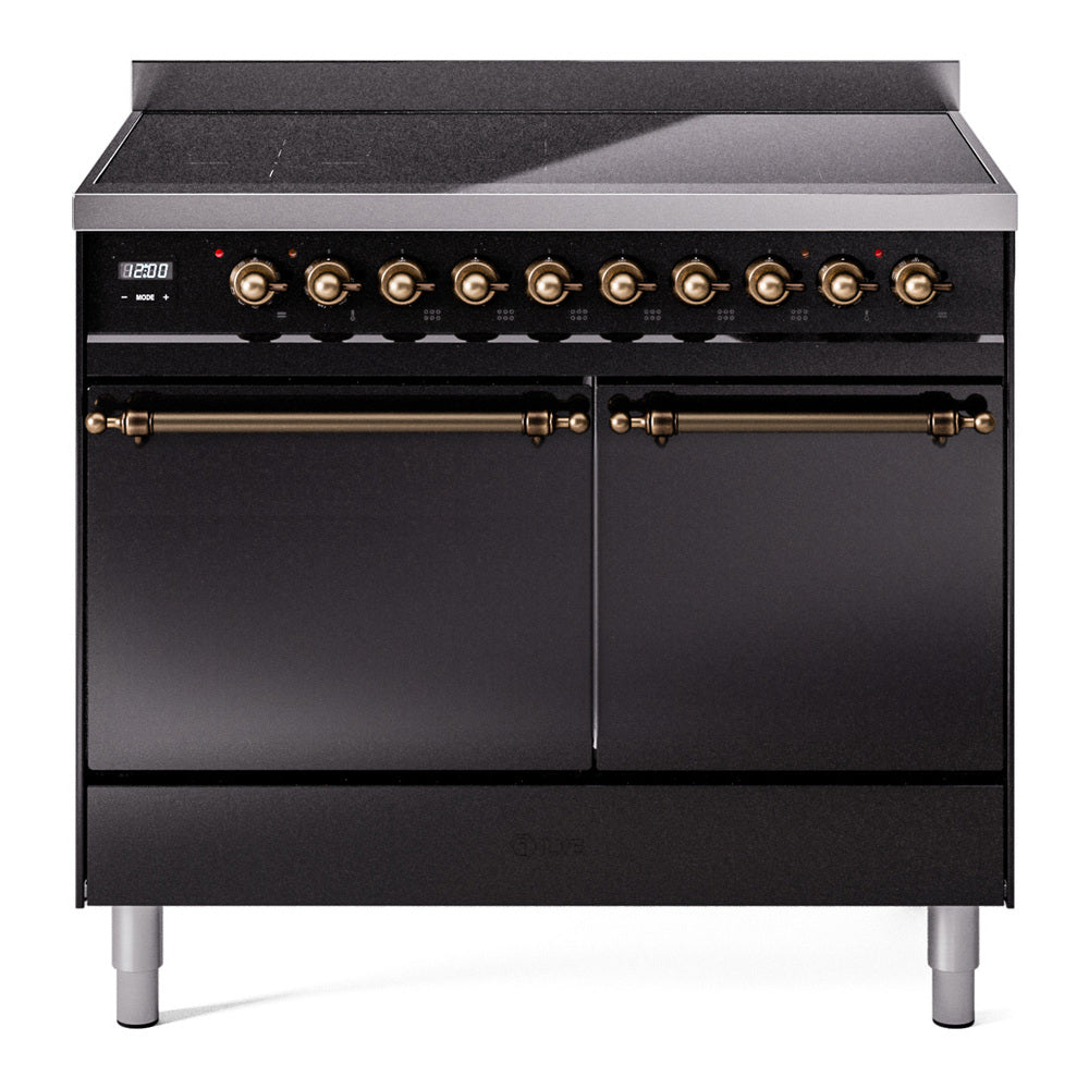 Ilve UPDI406QNMPBKB Nostalgie Ii 40 Inch Electric Freestanding Range In Glossy Black With Bronze Trim