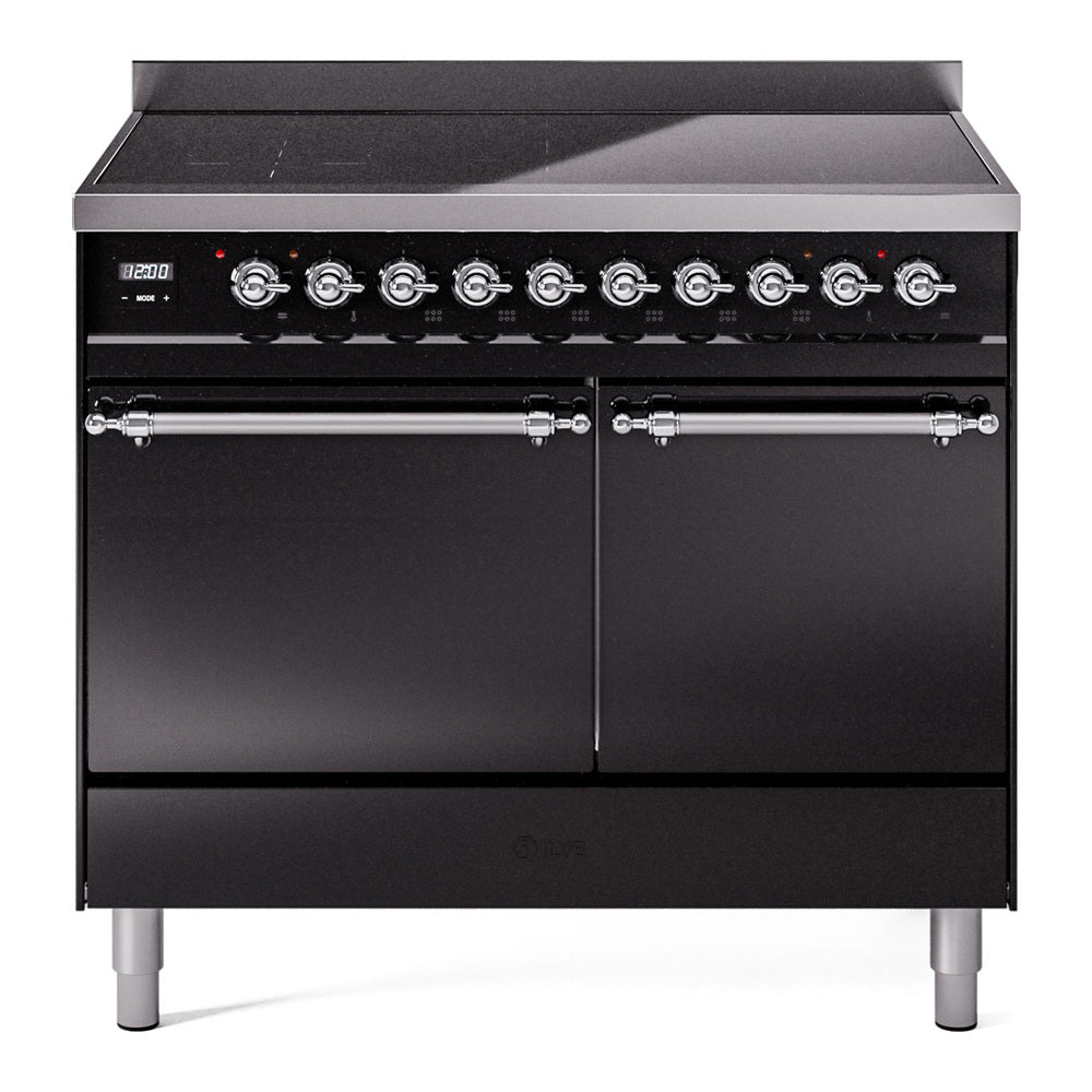 Ilve UPDI406QNMPBKC Nostalgie Ii 40 Inch Electric Freestanding Range In Glossy Black With Chrome Trim