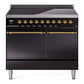 Ilve UPDI406QNMPBKG Nostalgie Ii 40 Inch Electric Freestanding Range In Glossy Black With Brass Trim