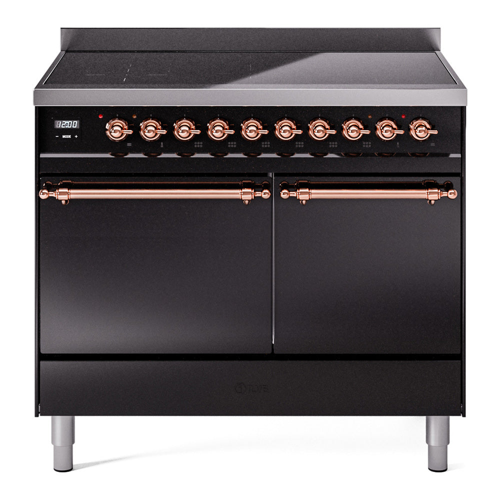 Ilve UPDI406QNMPBKP Nostalgie Ii 40 Inch Electric Freestanding Range In Glossy Black With Copper Trim