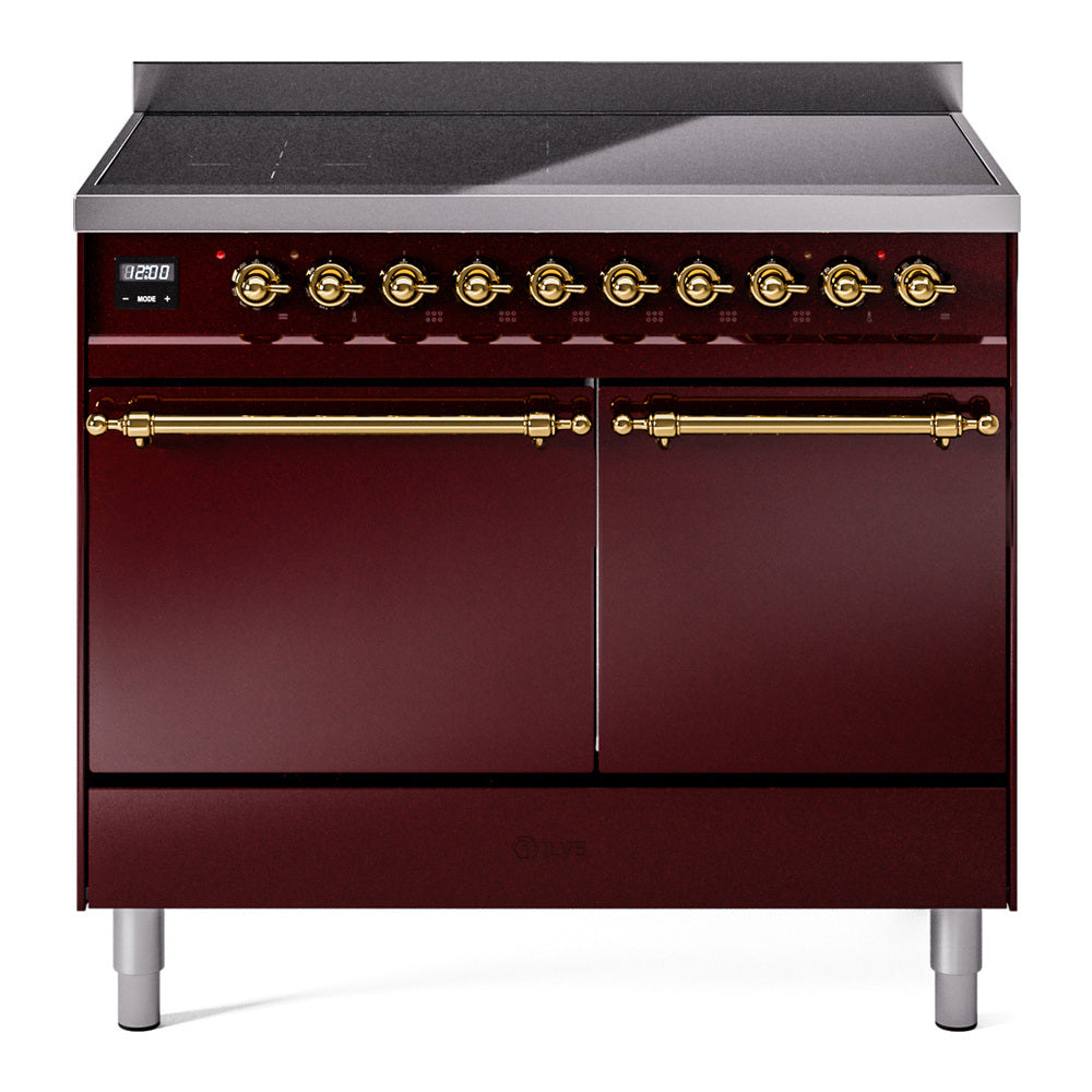 Ilve UPDI406QNMPBUG Nostalgie Ii 40 Inch Electric Freestanding Range In Burgundy With Brass Trim