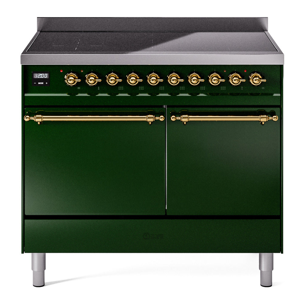 Ilve UPDI406QNMPEGG Nostalgie Ii 40 Inch Electric Freestanding Range In Emerald Green With Brass Trim